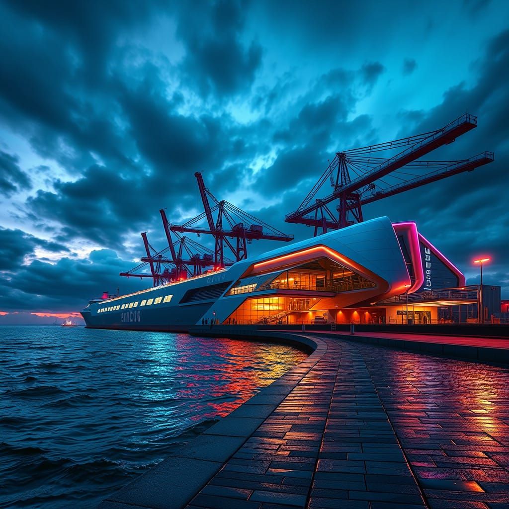 Futuristic Maritime Terminal in Neon-Lit Stormy Skies