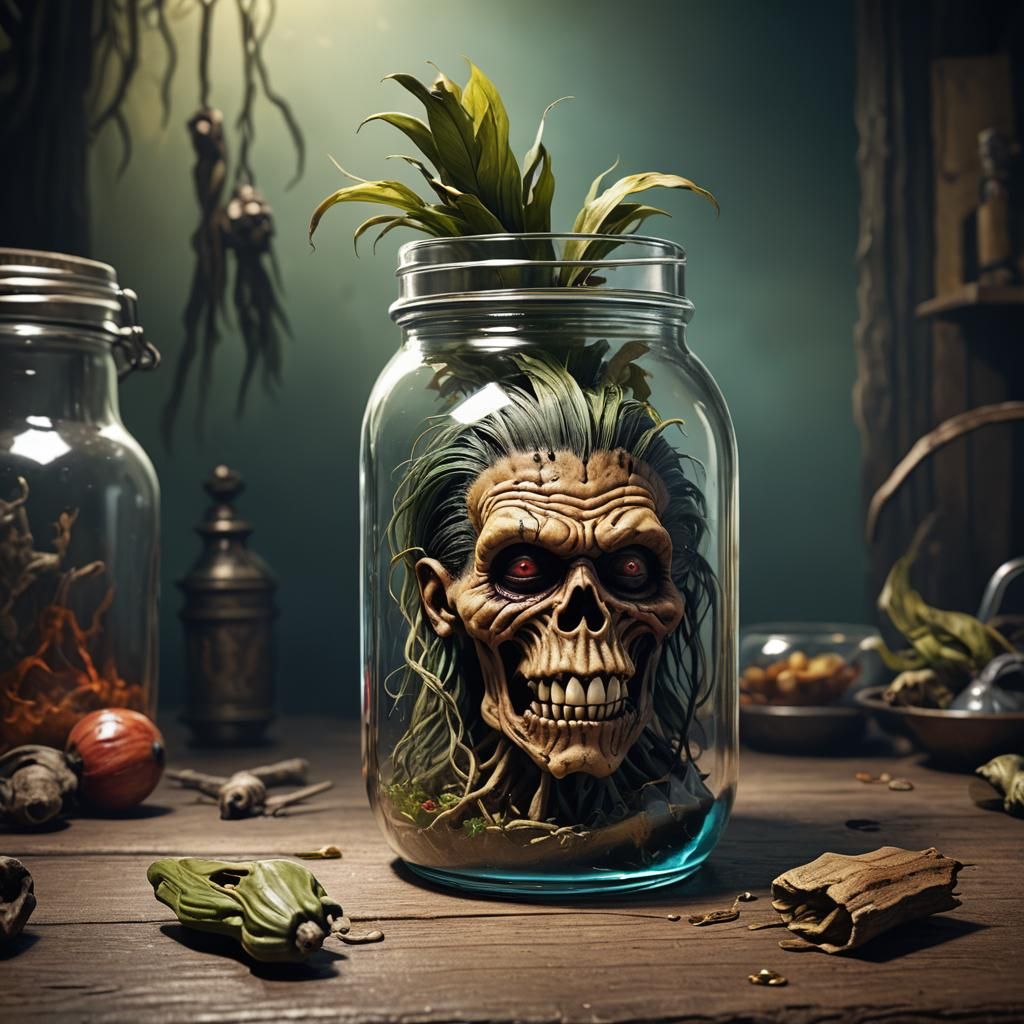 Shrunken Head in Jar: Detailed Matte Painting