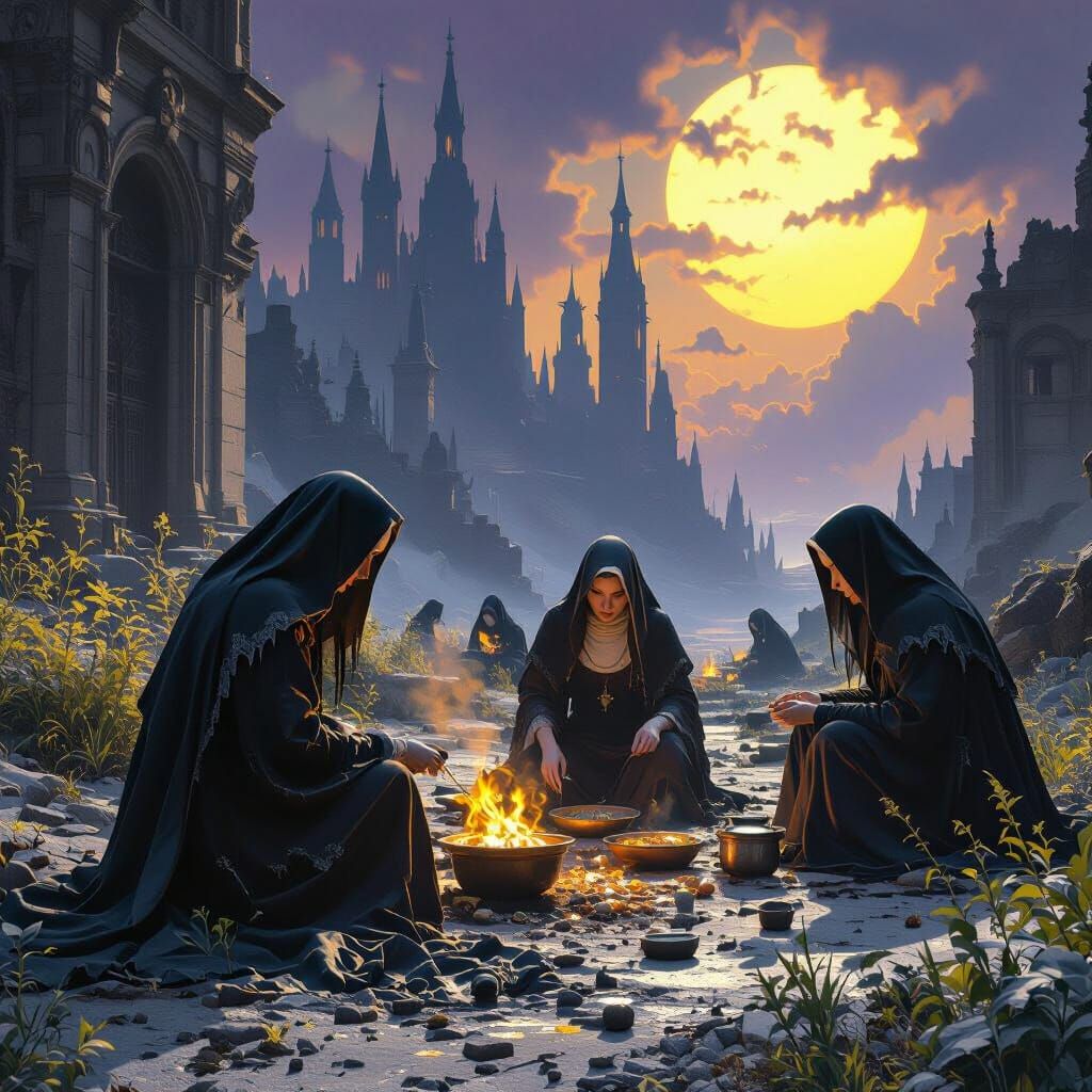Nuns Tend to the Poor in Dark Fantasy Landscape