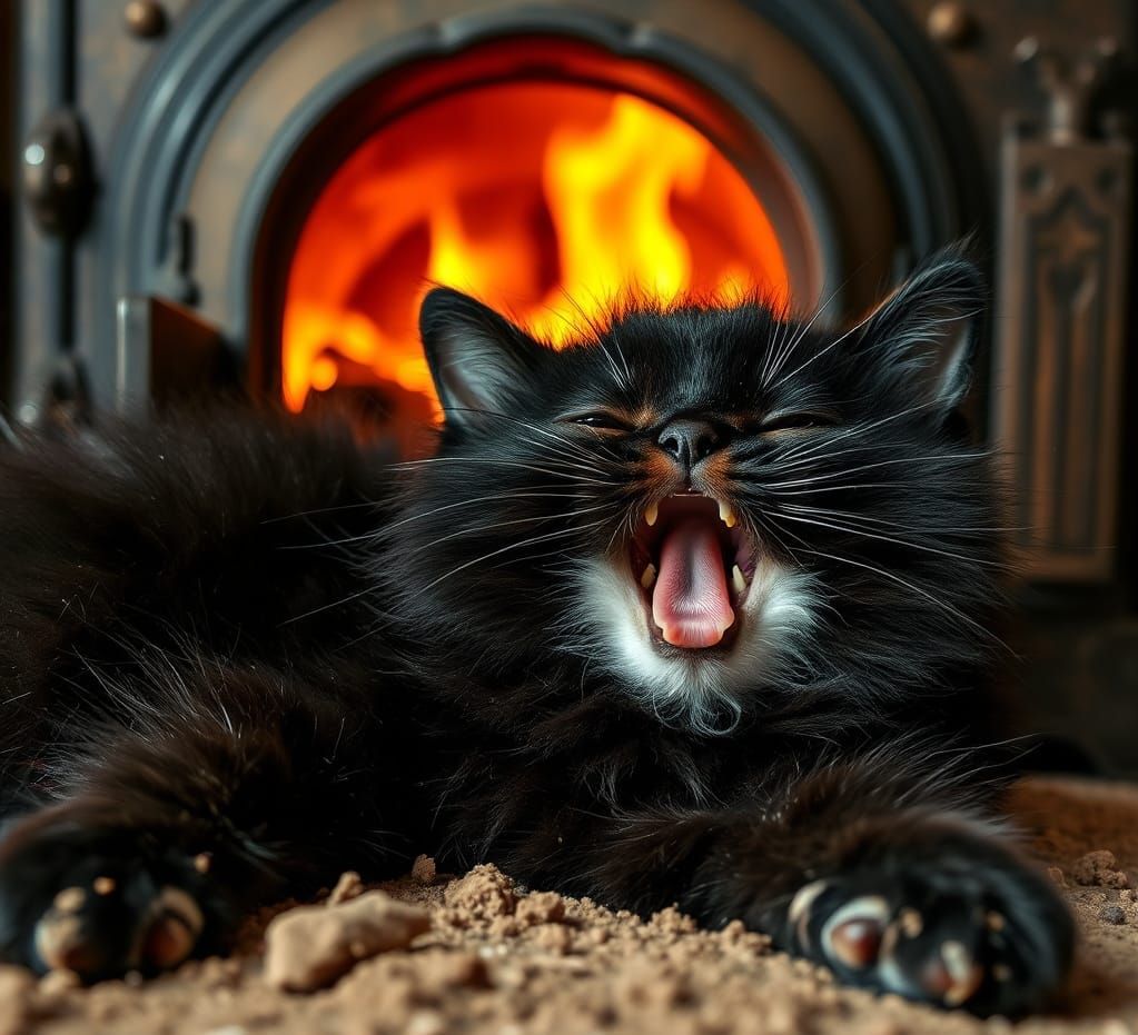Fluffy Kitten Portrait Near Burning Stove