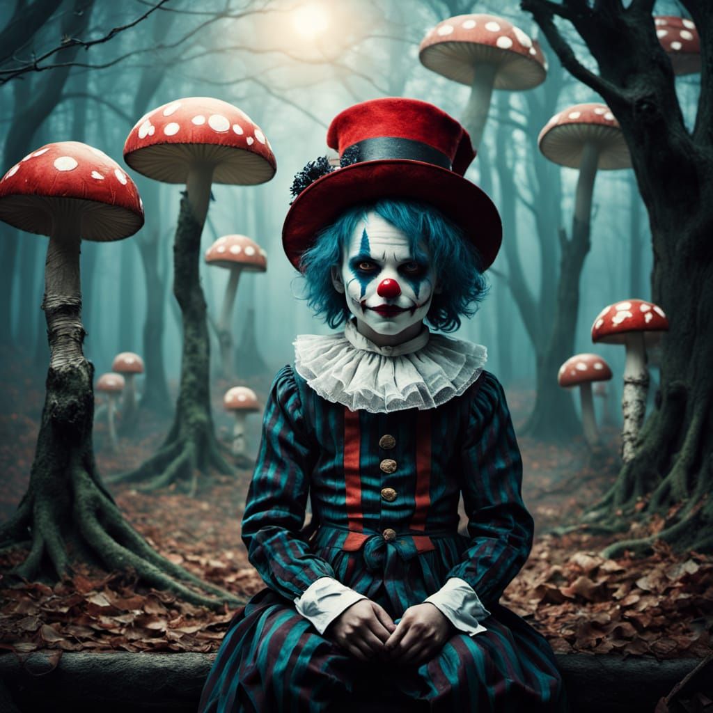 Whimsical Gothic Clown in a Dreamlike Forest