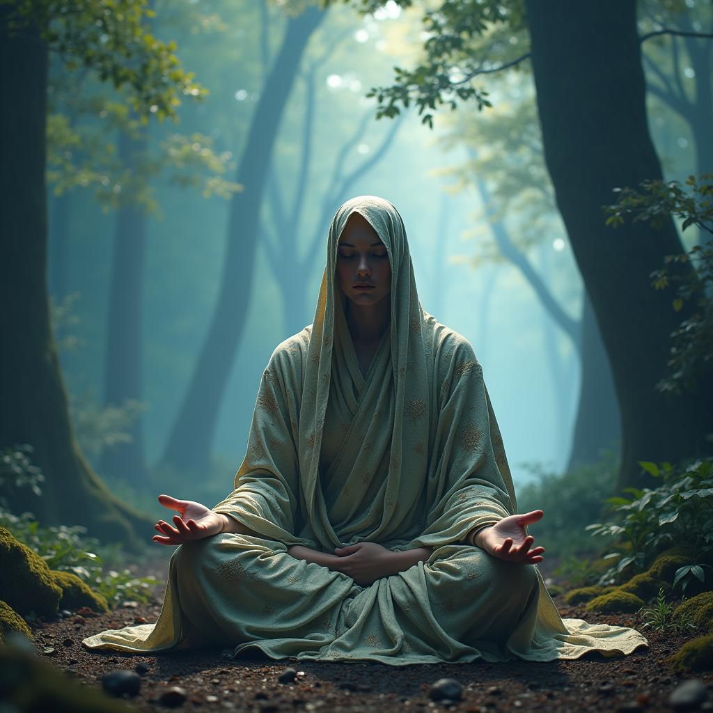 Meditating Figure in Lush Forest: Fantasy Concept Art