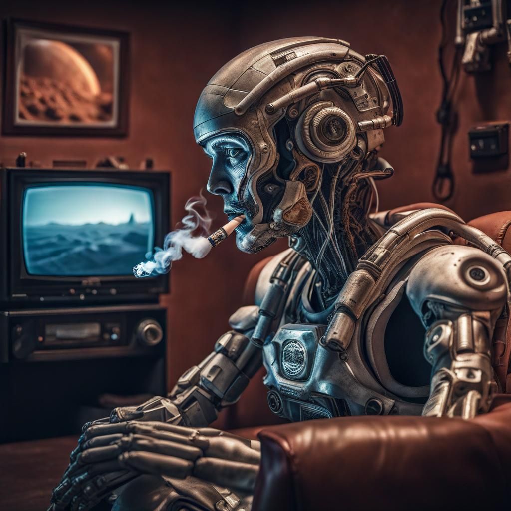 Hyperrealistic Cyborg Smokes on Mars Watching TV
