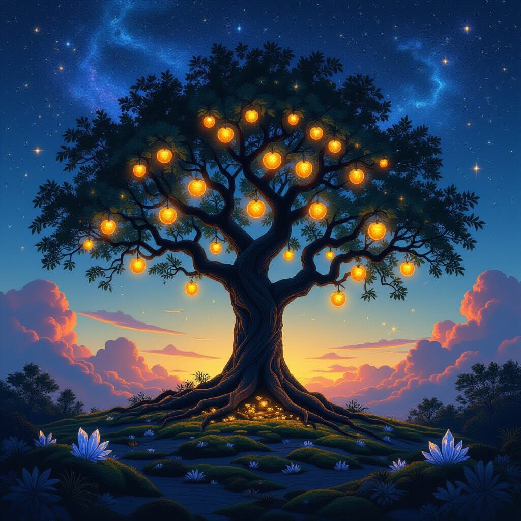 Ancient Oak Tree With Ethereal Fruit in Cosmic Nebula