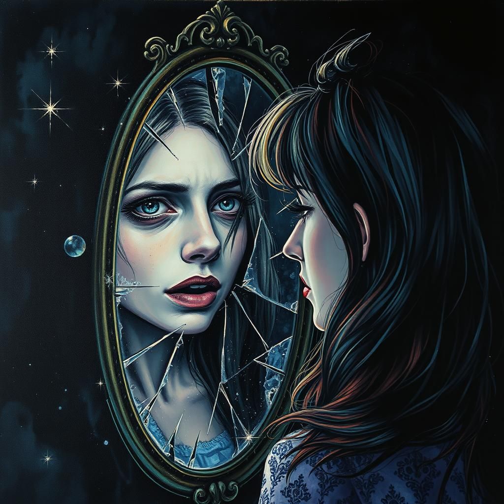 Ethereal Woman and Screaming Reflection in Broken Mirror