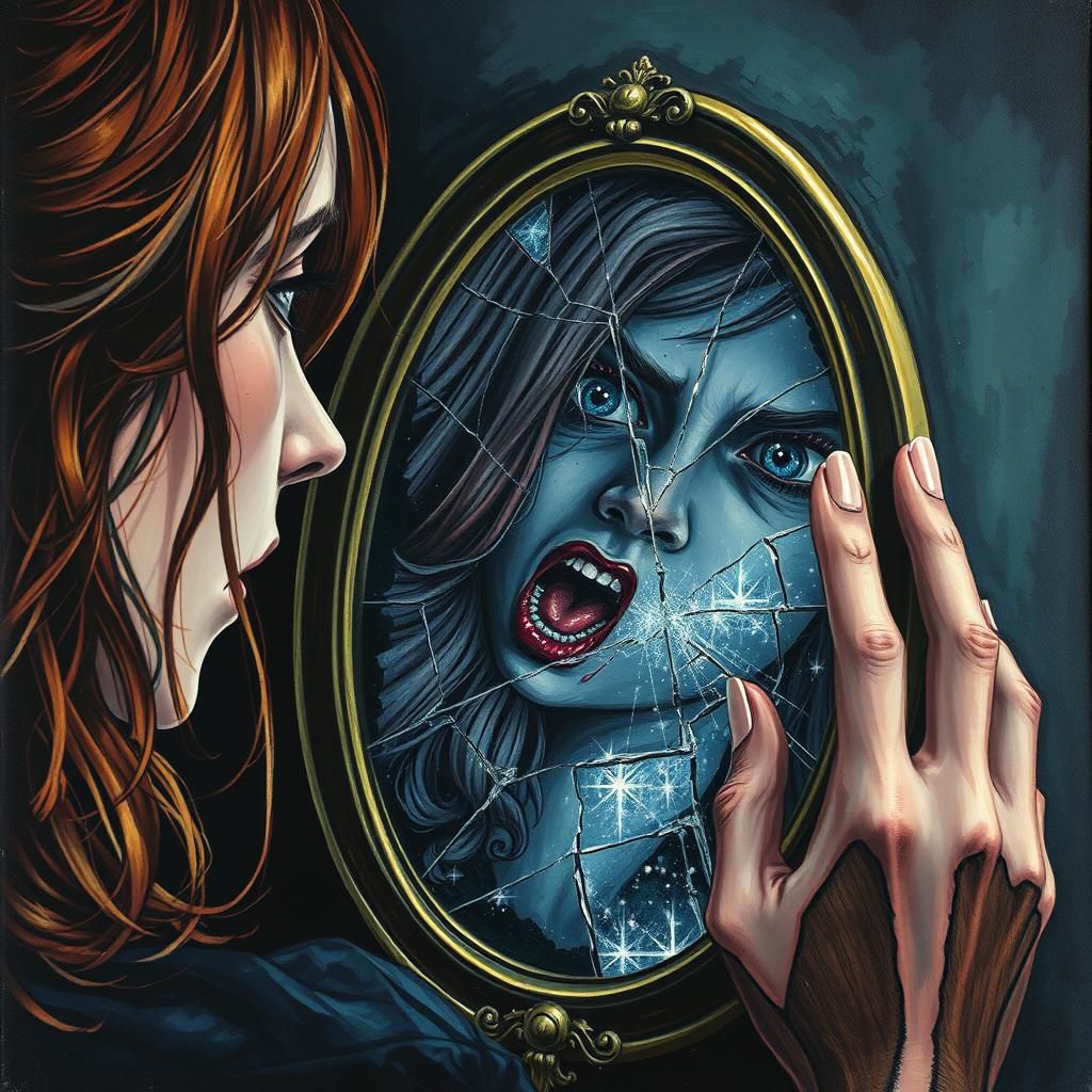 Ethereal Woman and Screaming Reflection in Broken Mirror