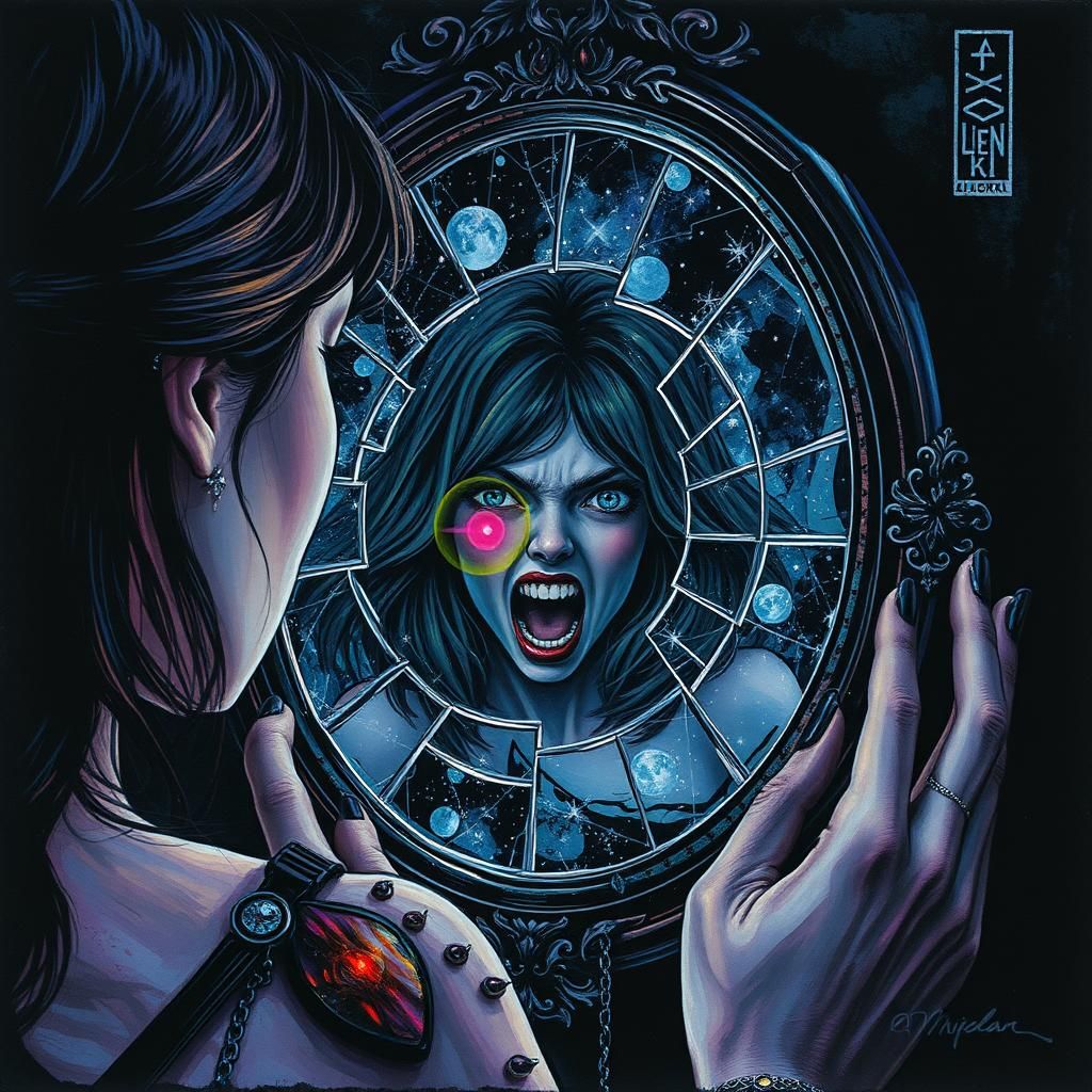 Screaming Reflection in Broken Mirror: Dark Fantasy Art