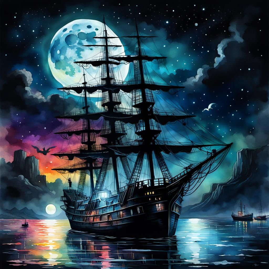 Eerie Ghost Ship Anchored Under a Neon Moon