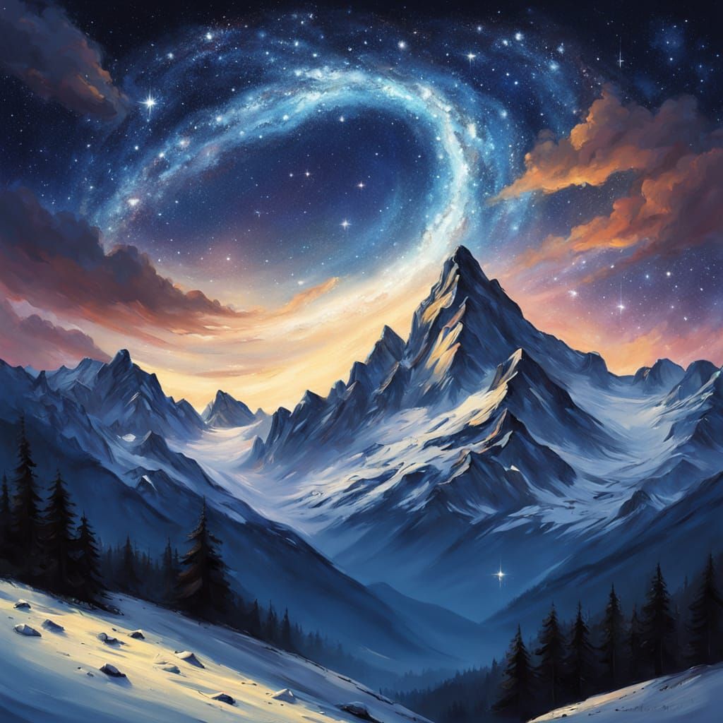 Swiss Alps Under Starry Night Sky Oil Painting