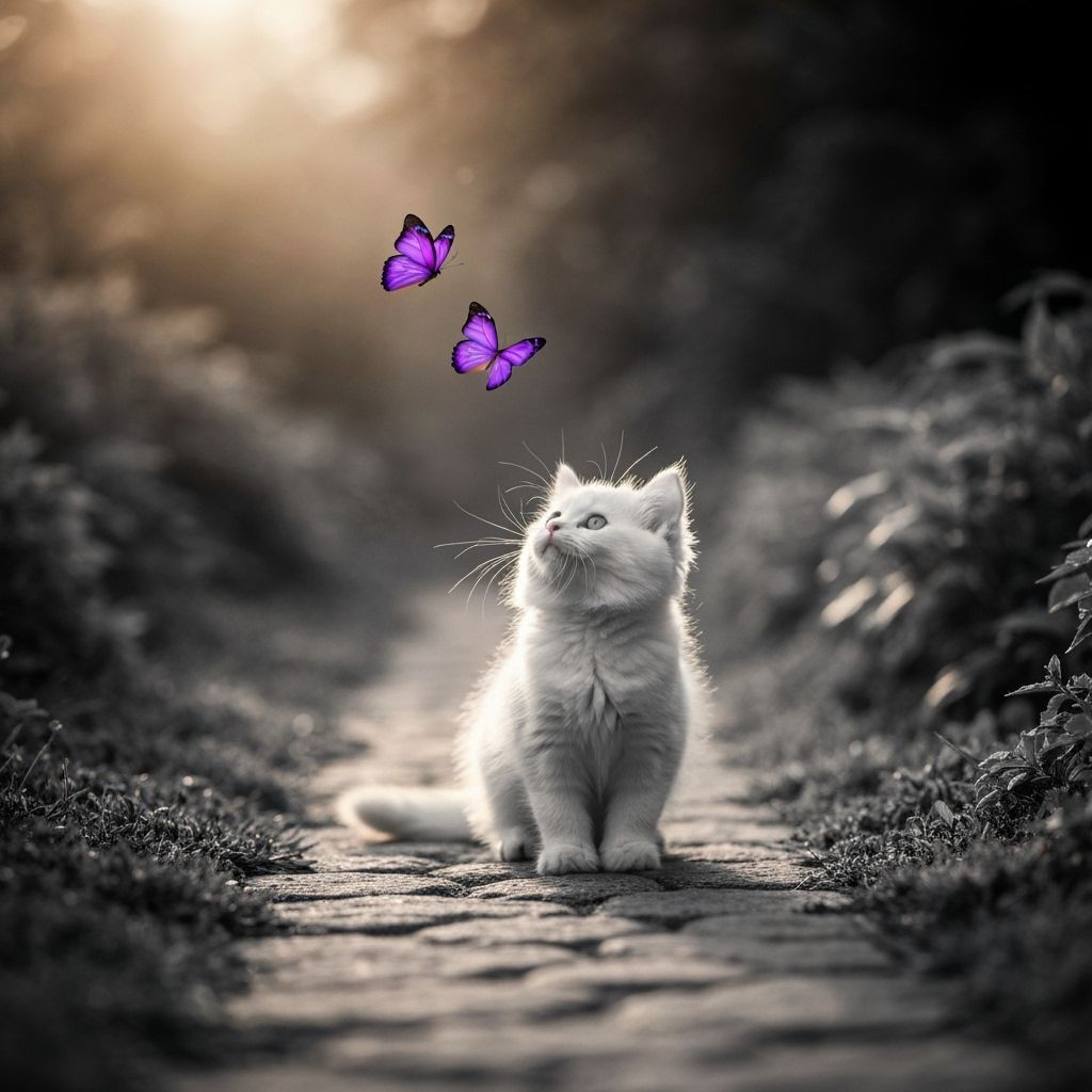 Fluffy Kitten Gazes At Butterflies in Soft Sunlight