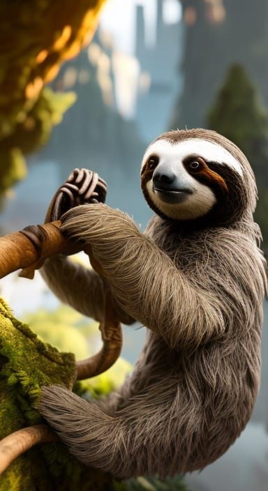 Sloth Holding Goose Plushie in Detailed Digital Painting