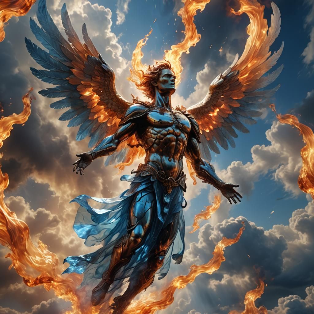 Fiery Transparent Angel Soaring Through Mercury Clouds