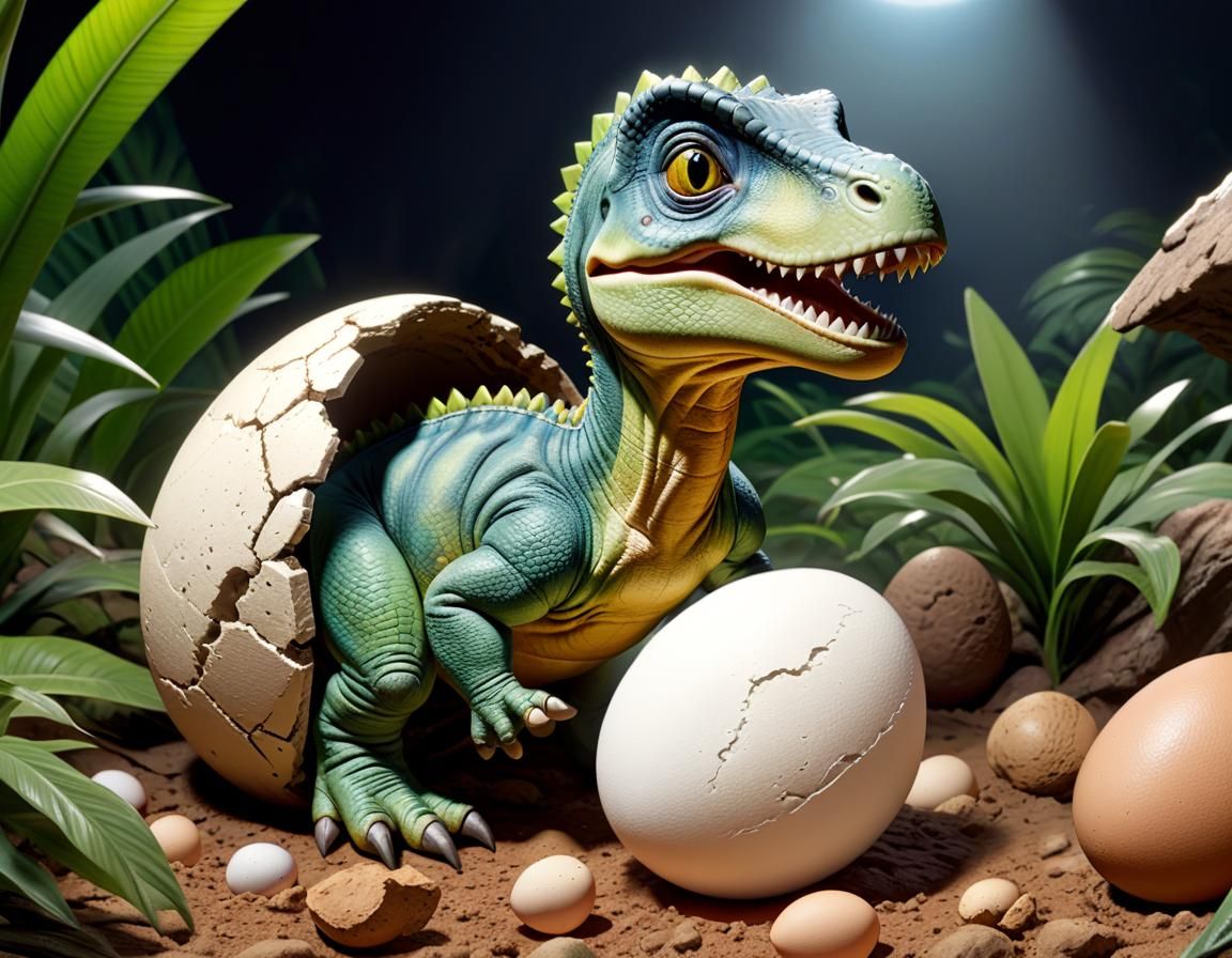 Baby Dinosaur Hatching in Prehistoric Scene