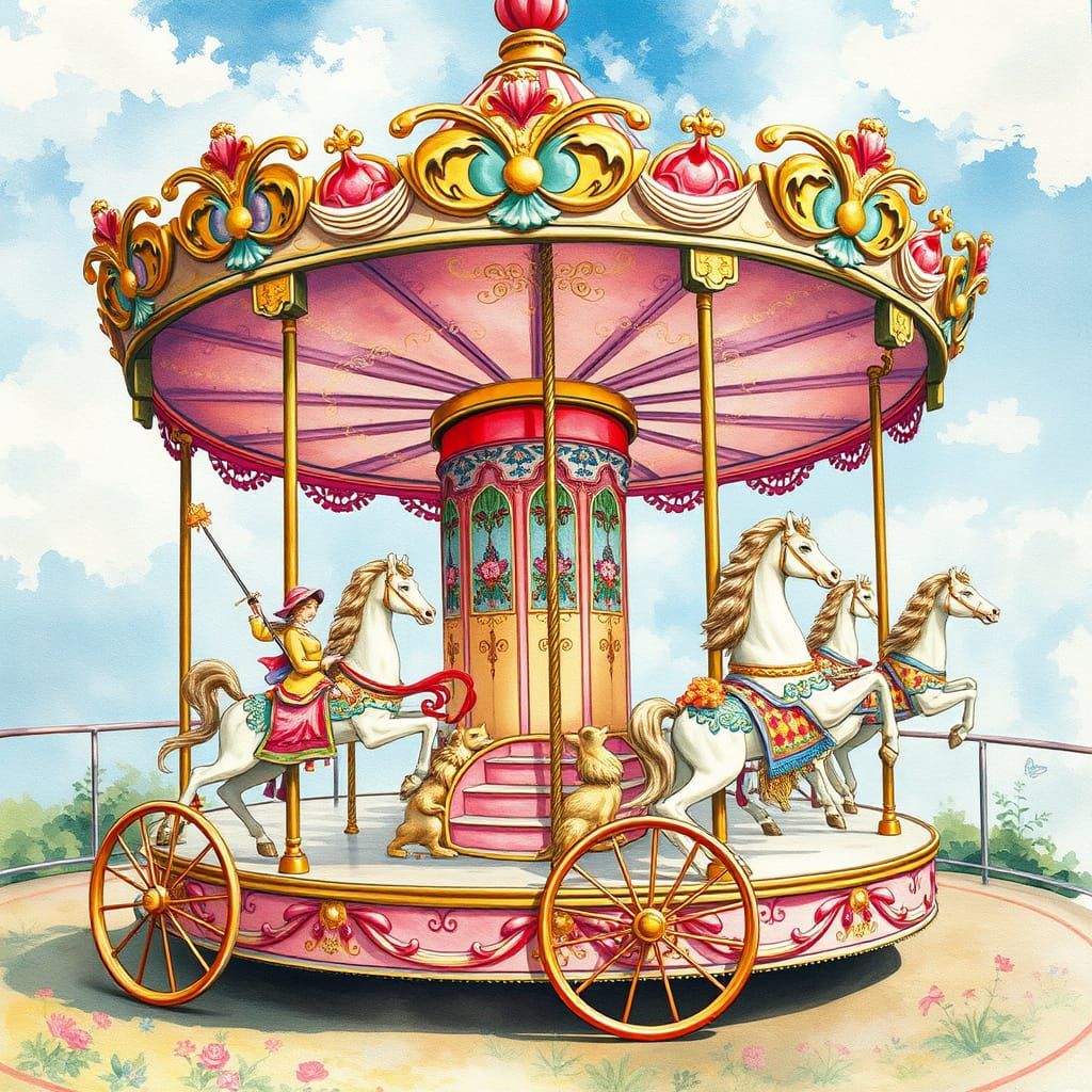 Whimsical Carousel Ice Cream Gouache Painting