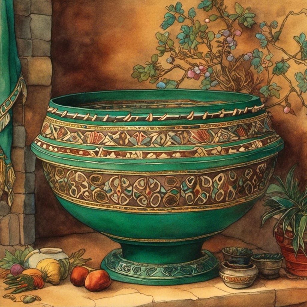Aztec Pottery Bowl with Emerald Jewels
