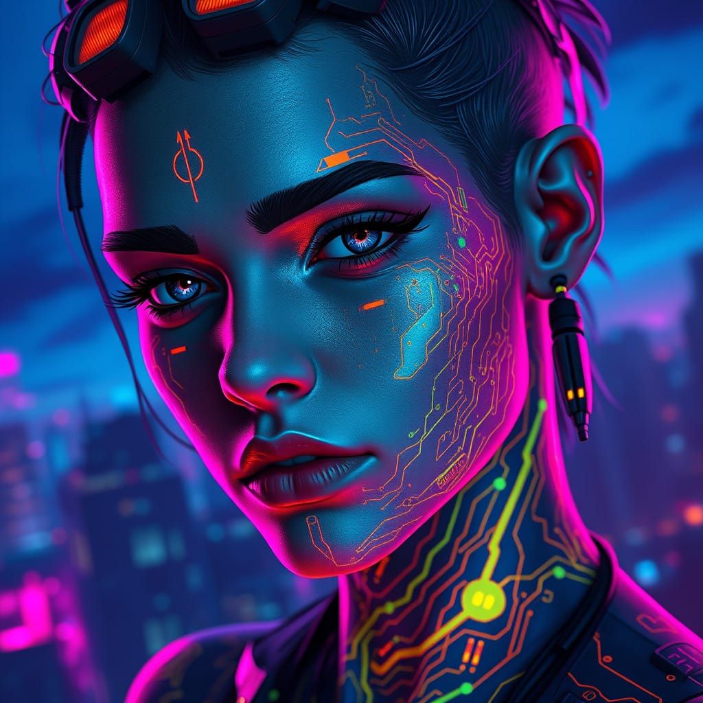 Cybernetic Characters in Electric Cityscape