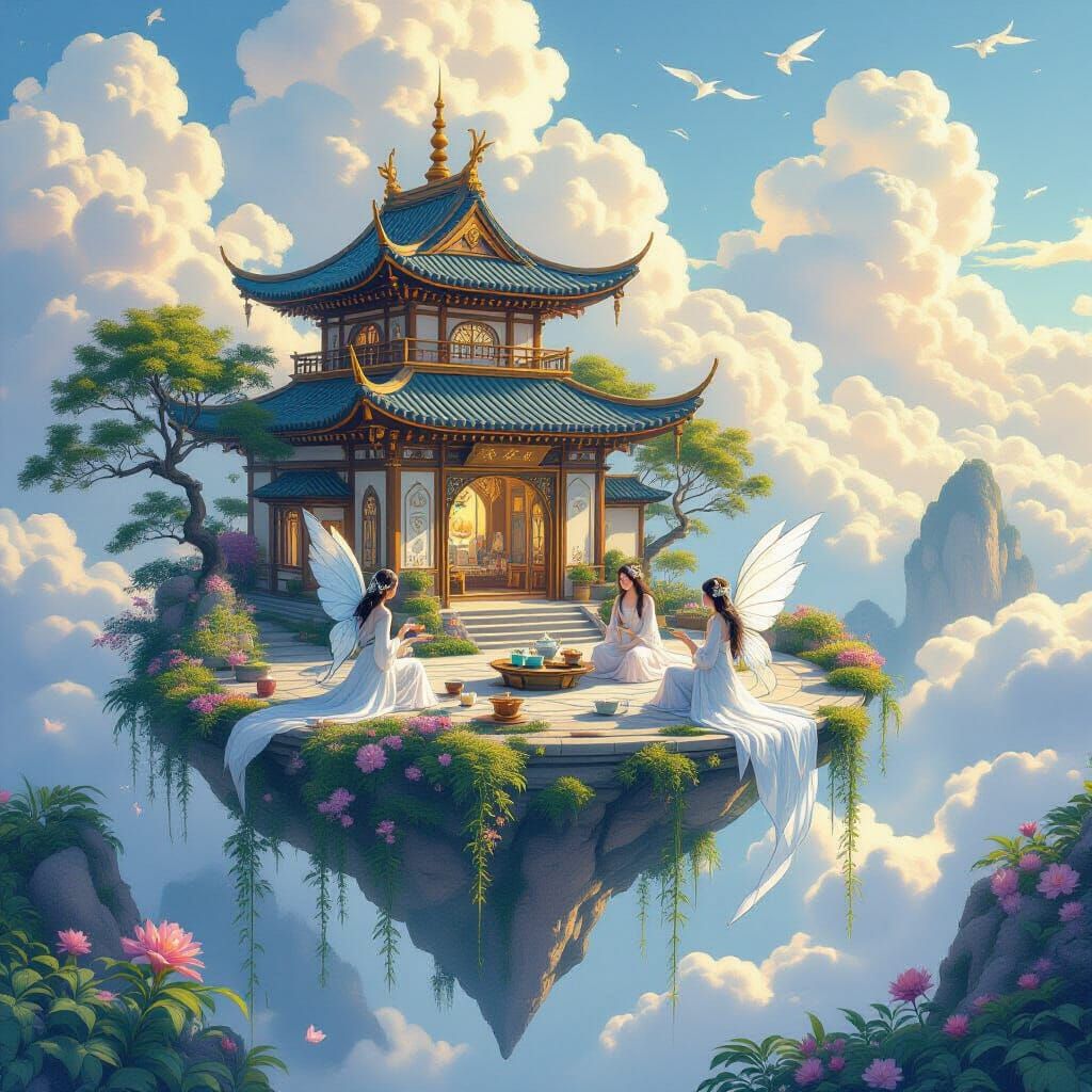 Ethereal Tea Ceremony with Dragons in Art Nouveau Style