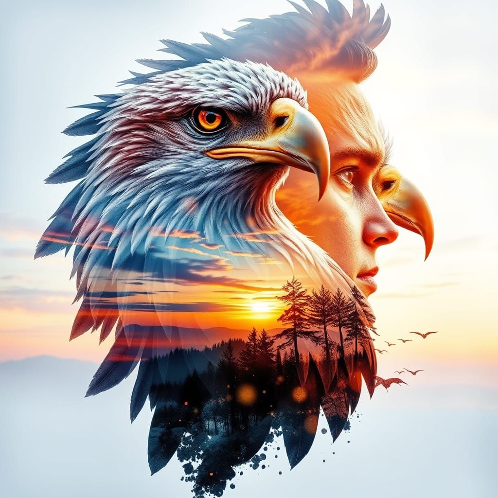 Eagle Digital watercolor Illustration with Dual Exposure of landscape sunset sky inside the portarait, by...