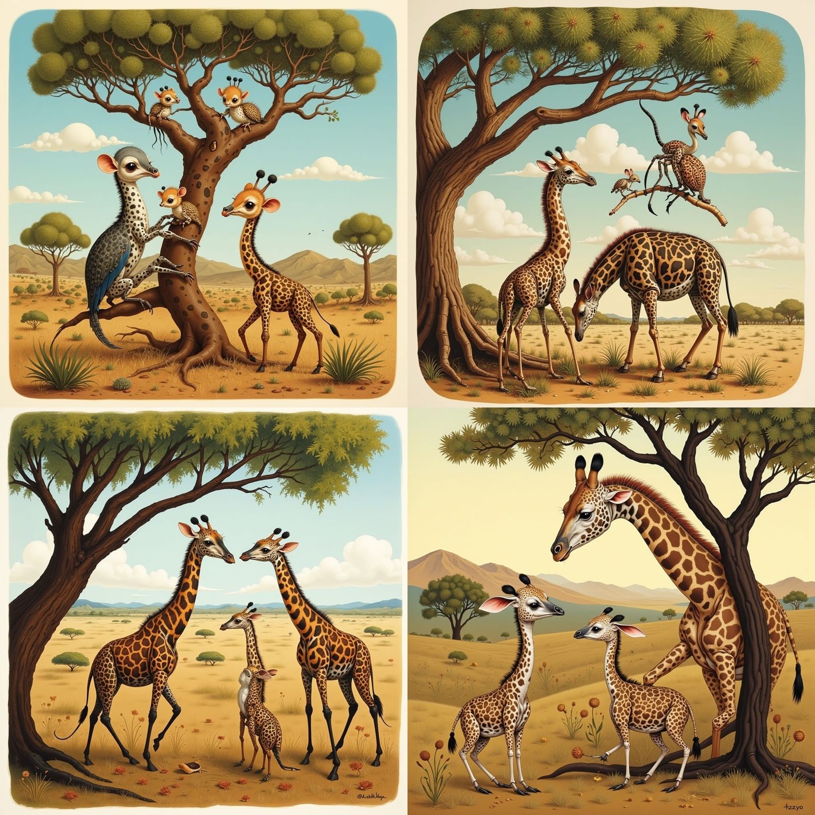 Whimsical Australian Landscape with Galahs and Giraffe in St...