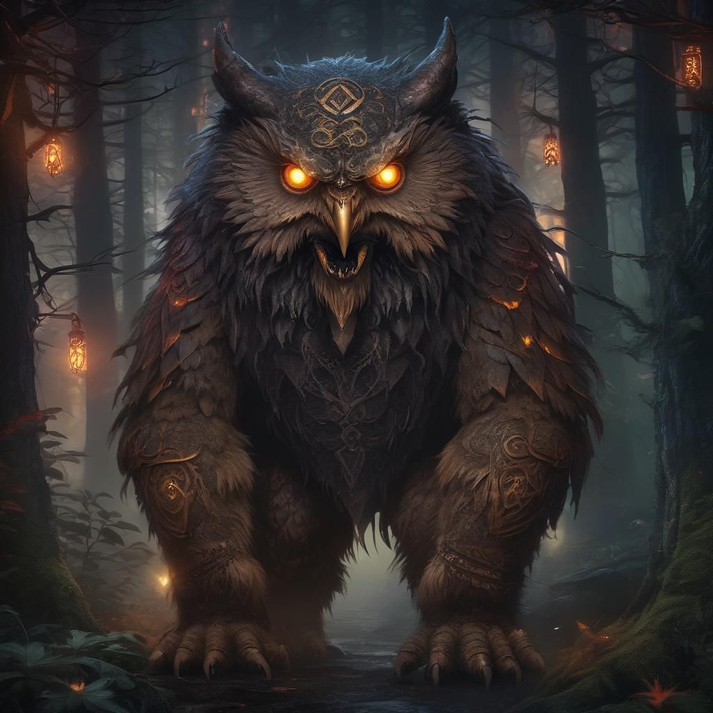 Mystical Owlbear in Fairy Forest, Digital Art
