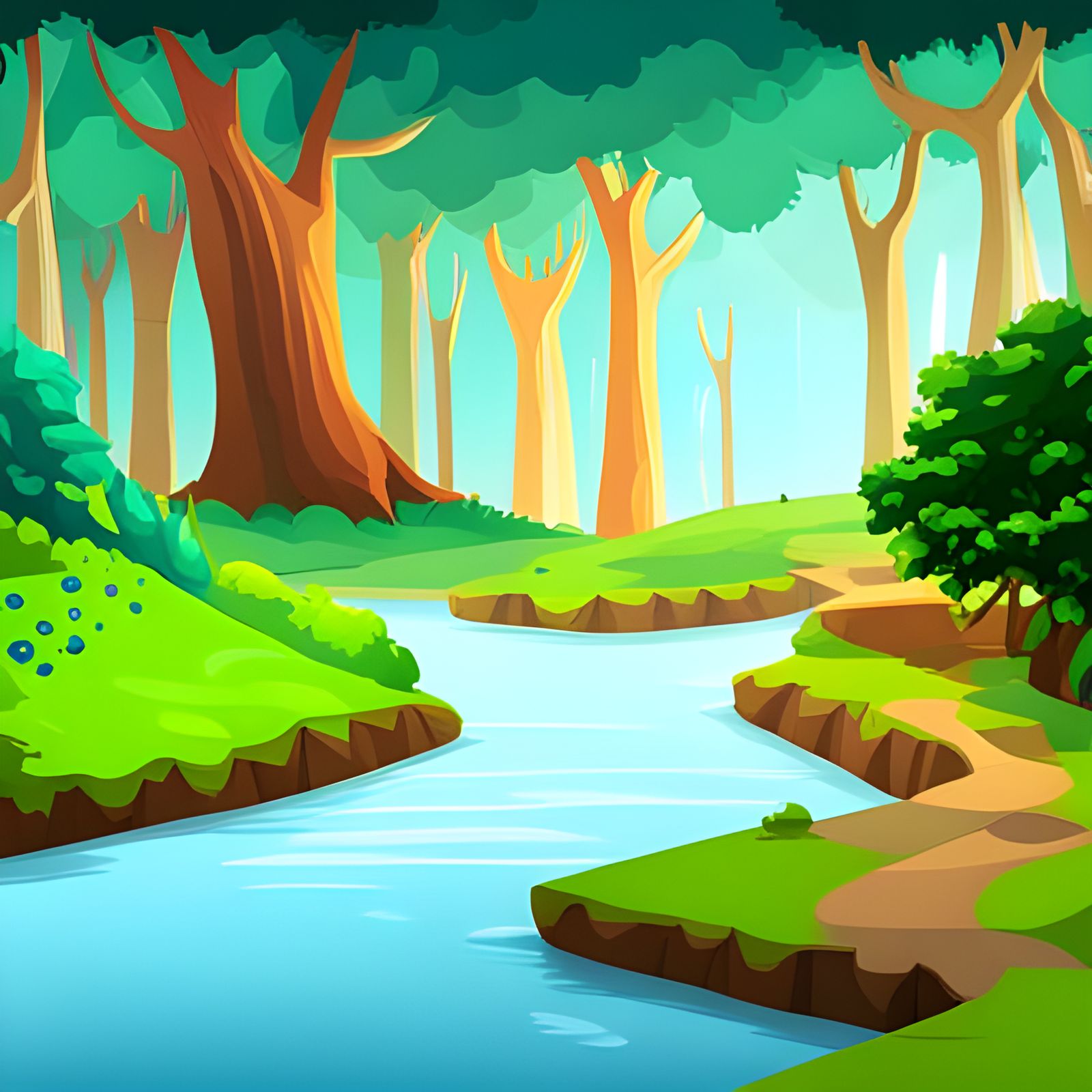 Game Background with Forest and Waterfall