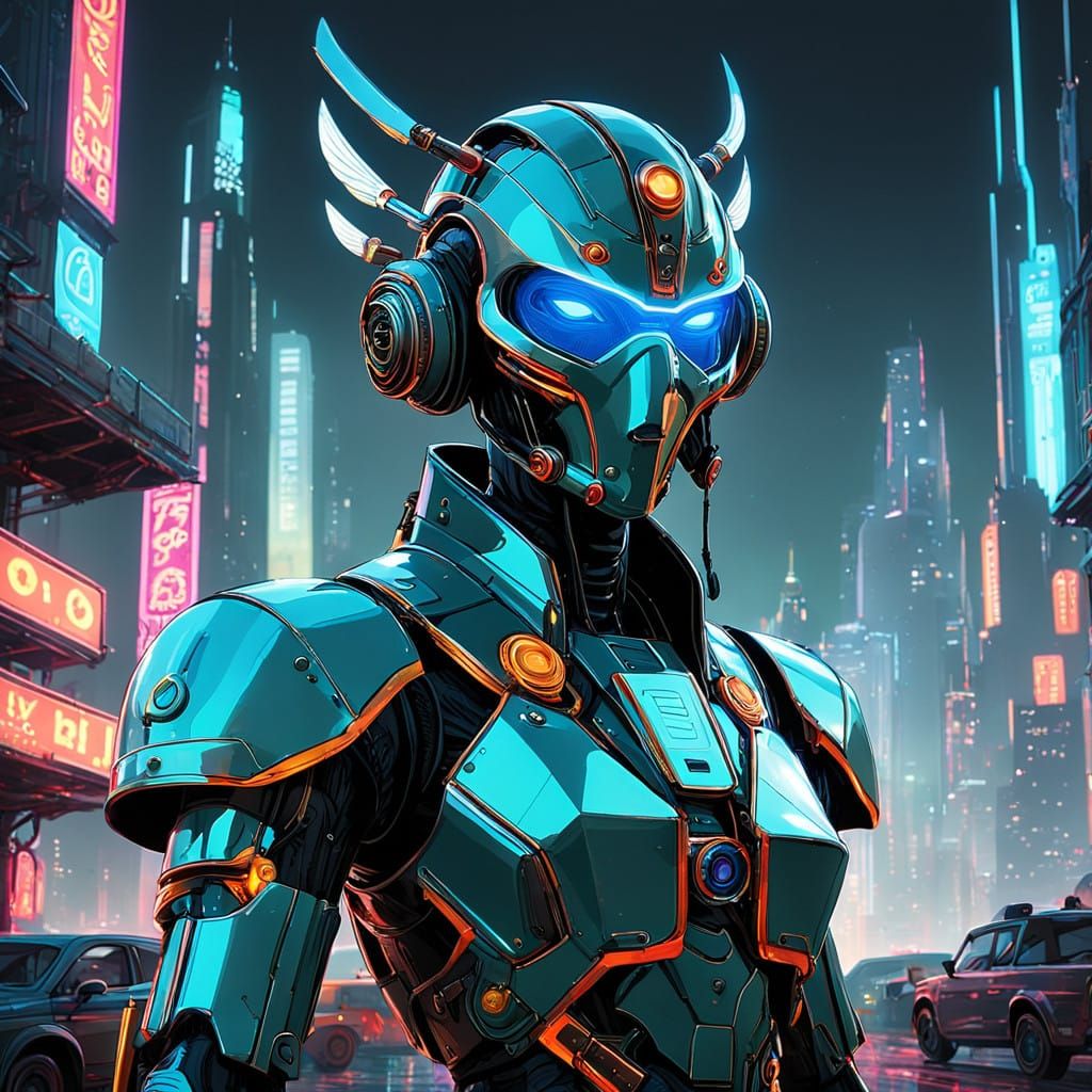 Android Angel in Neon 2050s Cityscape, Cyberpunk Tintype Sty...