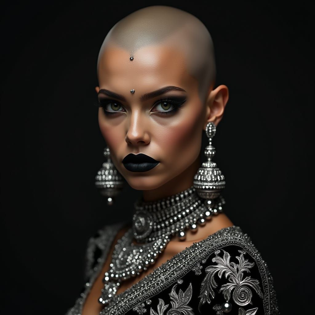 Gothic Indian Goddess with Angular Features and Ornate Jewel...