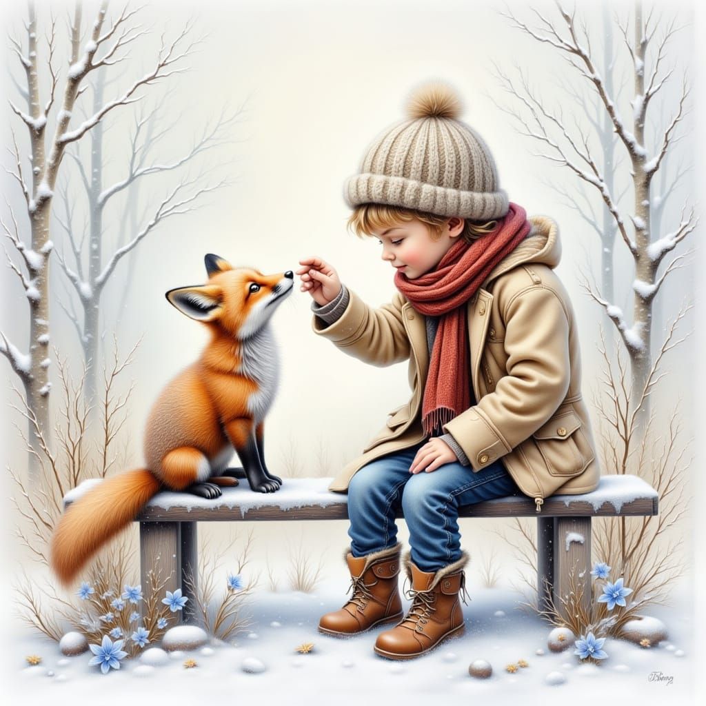 Whimsical Winter Scene: Boy and Fox on Snowy Bench