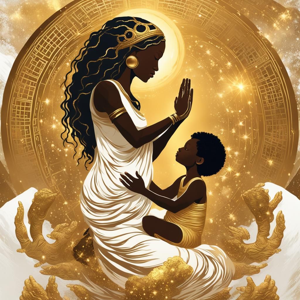 Golden African Goddess Giving Birth to Earth
