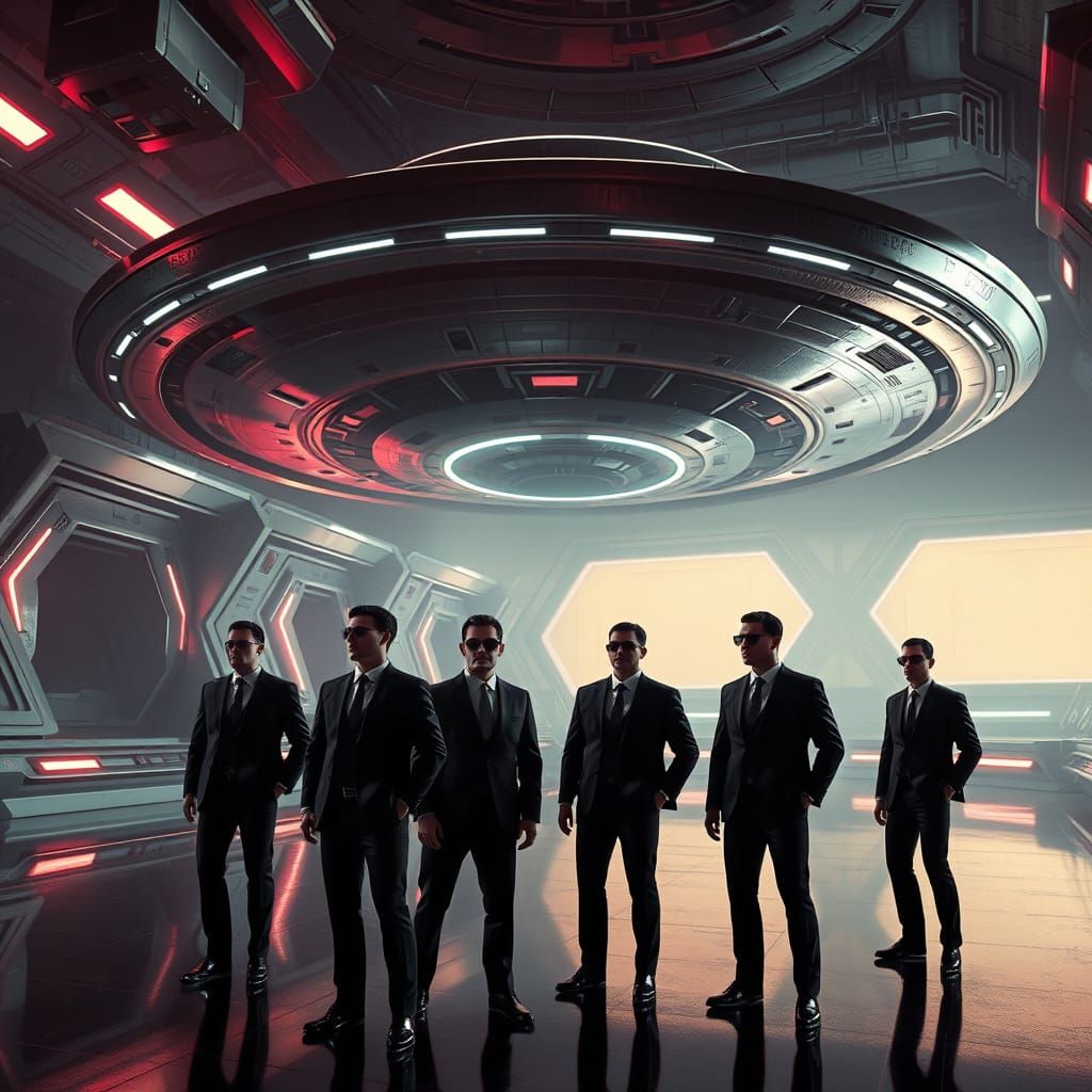 Men in Black Investigating a Futuristic UFO Scene