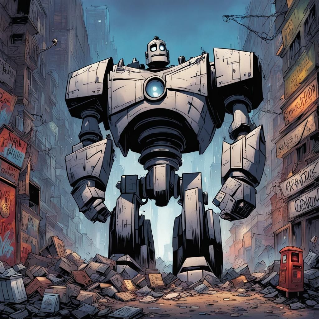 The Iron Giant covered in graffiti