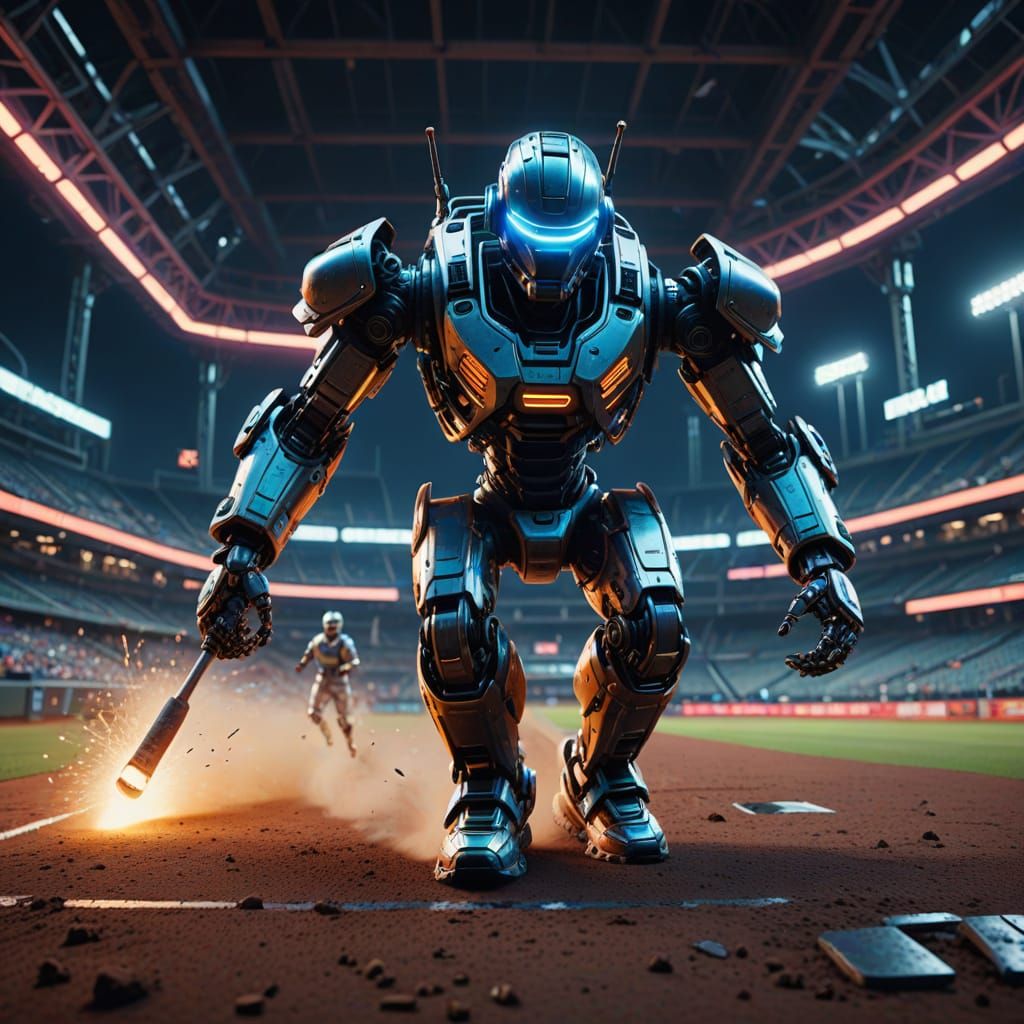 Futuristic Baseball Robot Sprinting to Base in Sci-Fi Art