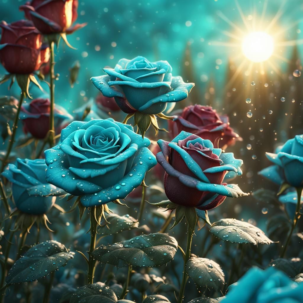 Turquoise Roses with Dewdrops in Sunlight