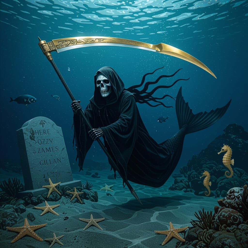Grim Reaper with Fish Tail Swims Ocean Floor with Golden Scy...