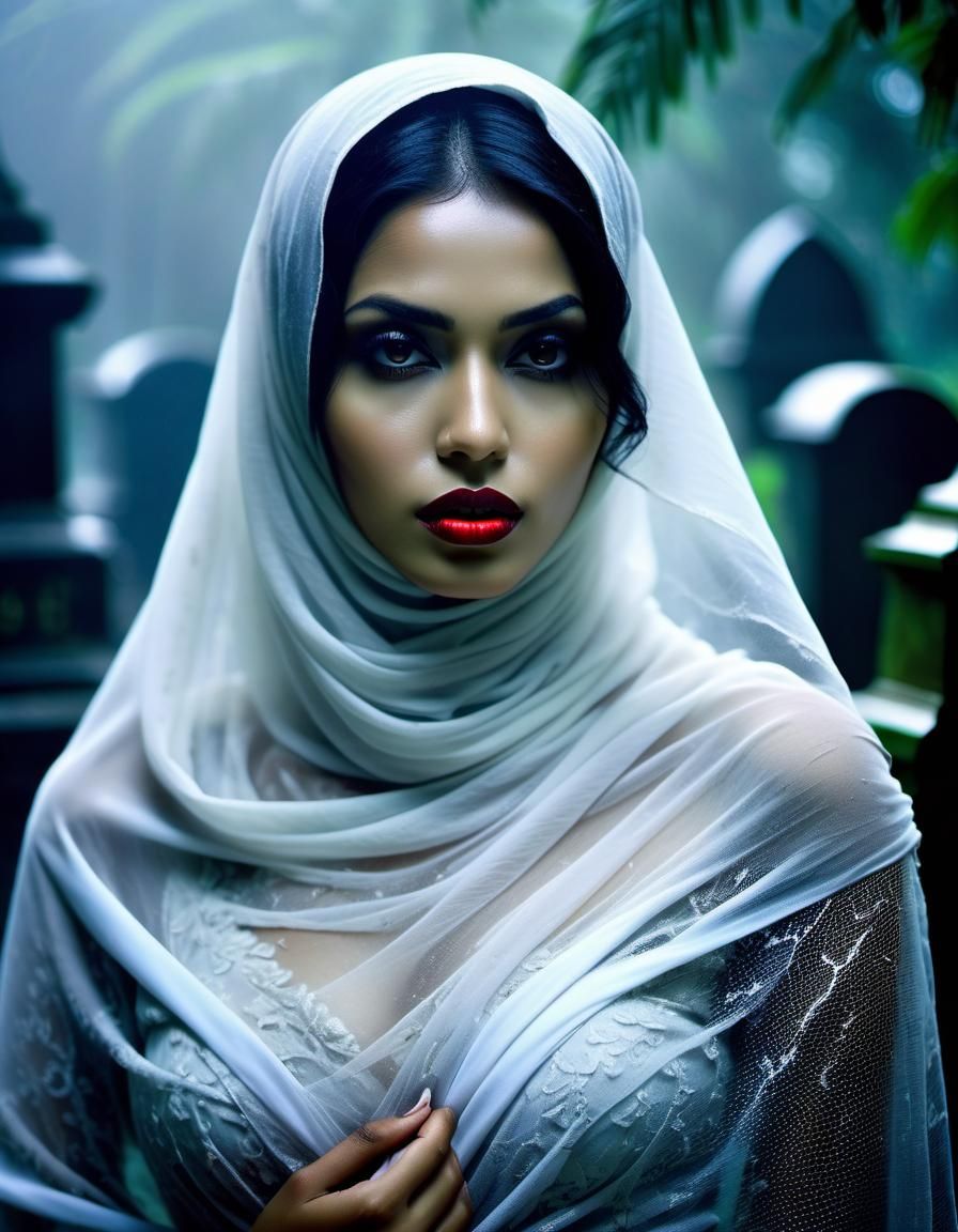 Eerie Graveyard Scene with Woman in Shroud