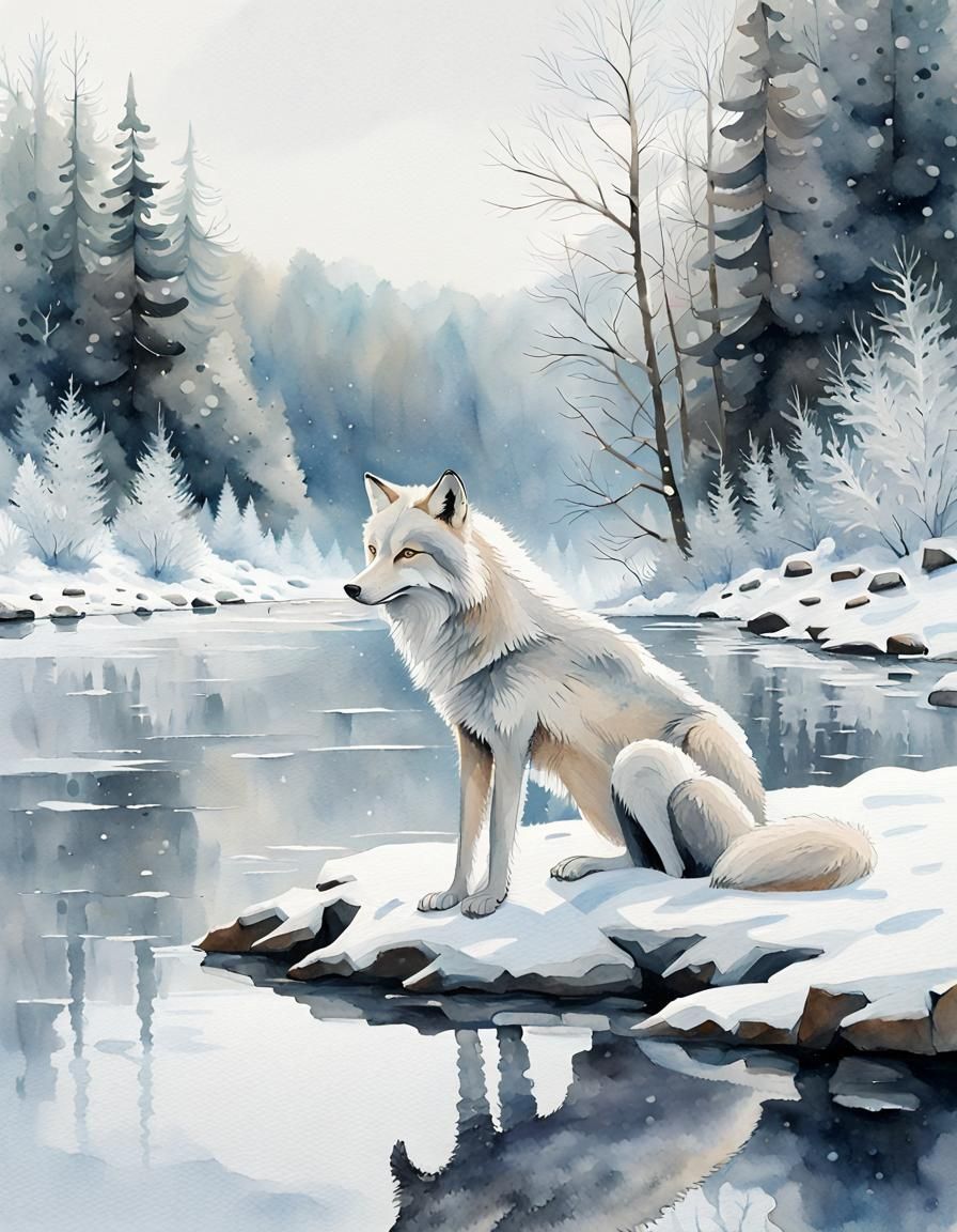 Wolf and Fox by a Frosty River