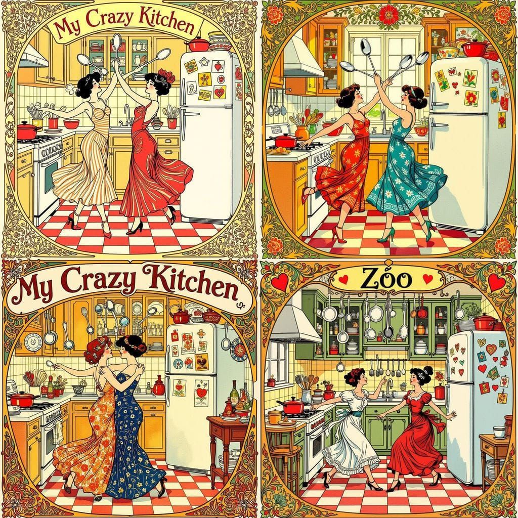 Art Nouveau Kitchen Scene with Whimsical Elements