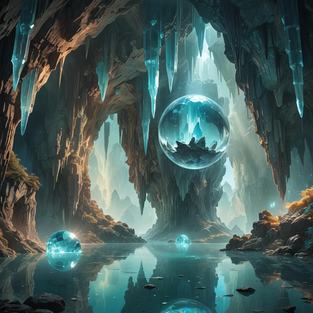 Crystal Cavern with Lake and Luminescent Orb