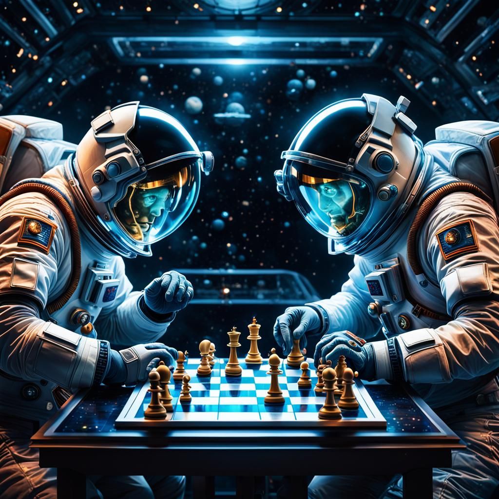 Astronauts Play Chess in Space, Digital Illustration