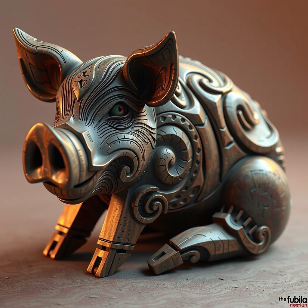 Exotic Wood Pig Sculpture in Brut Style