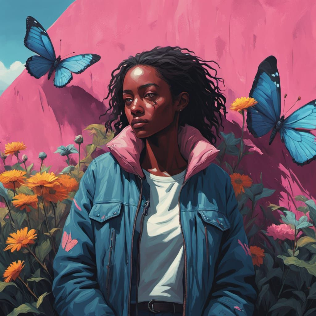 Young Woman with Vitiligo, Vibrant Mural and Wildflowers in ...