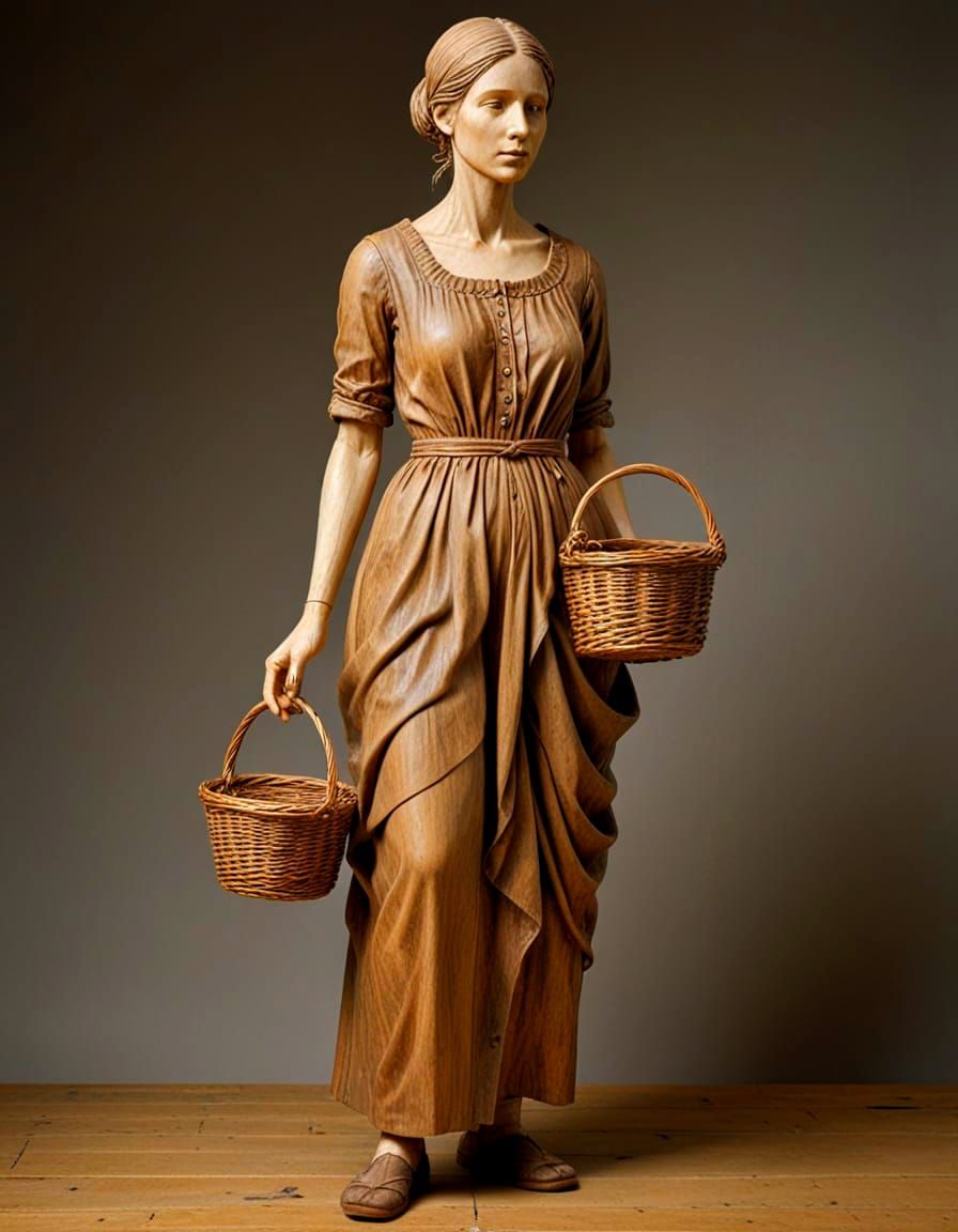 Wooden Sculpture of Peasant Woman in Rustic Style