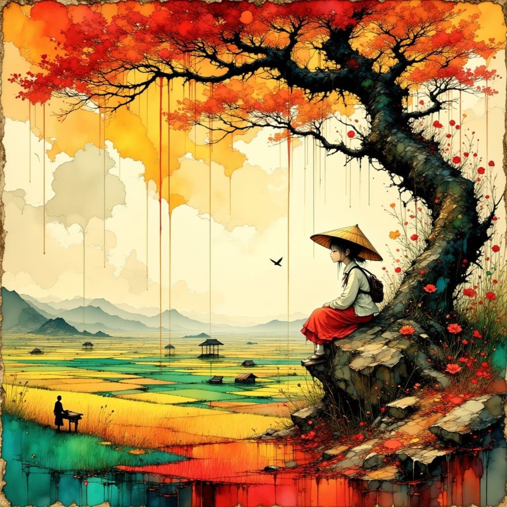 Girl Under Willow Tree in Surrealist Style