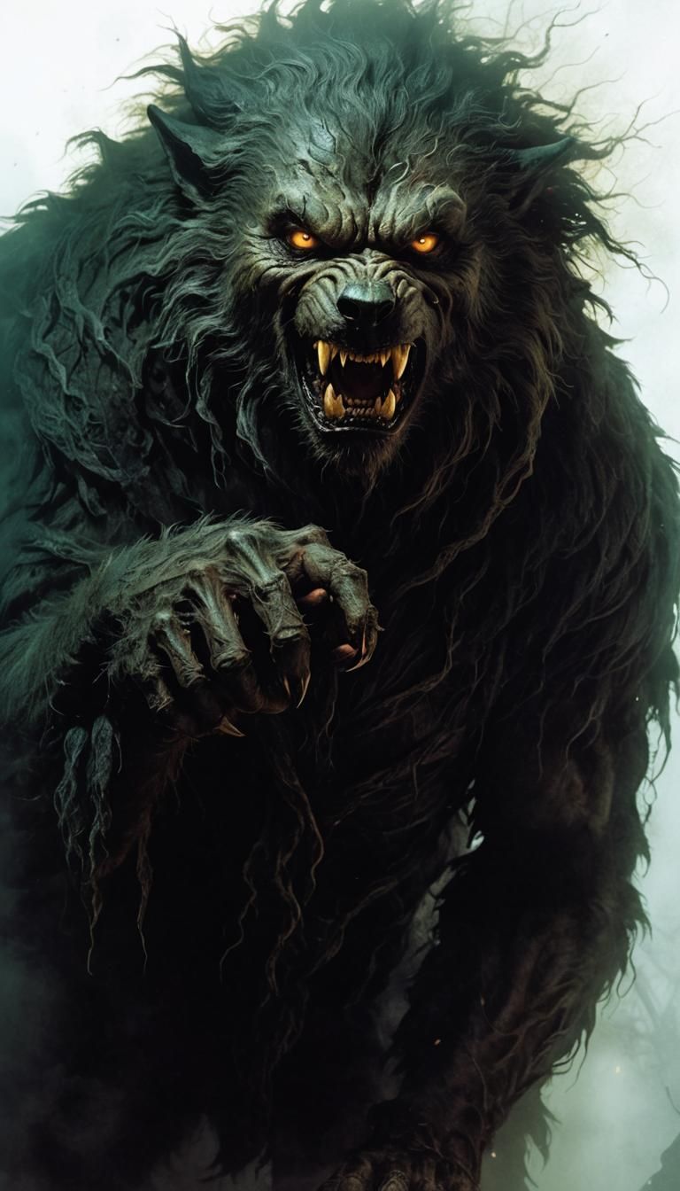 Werewolf Emerges from Fog in Gothic Horror Style