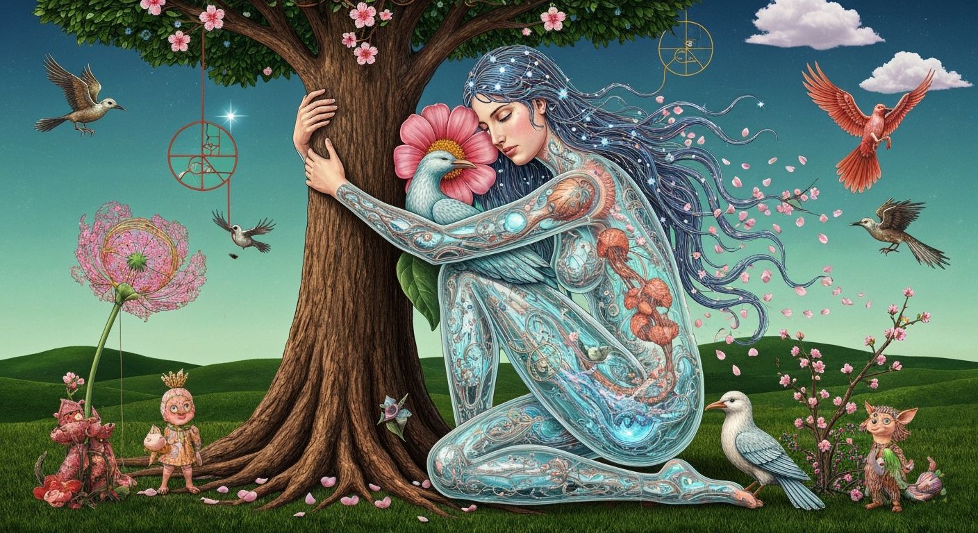 Surreal Fragmented Sculpture of Woman Embracing Tree