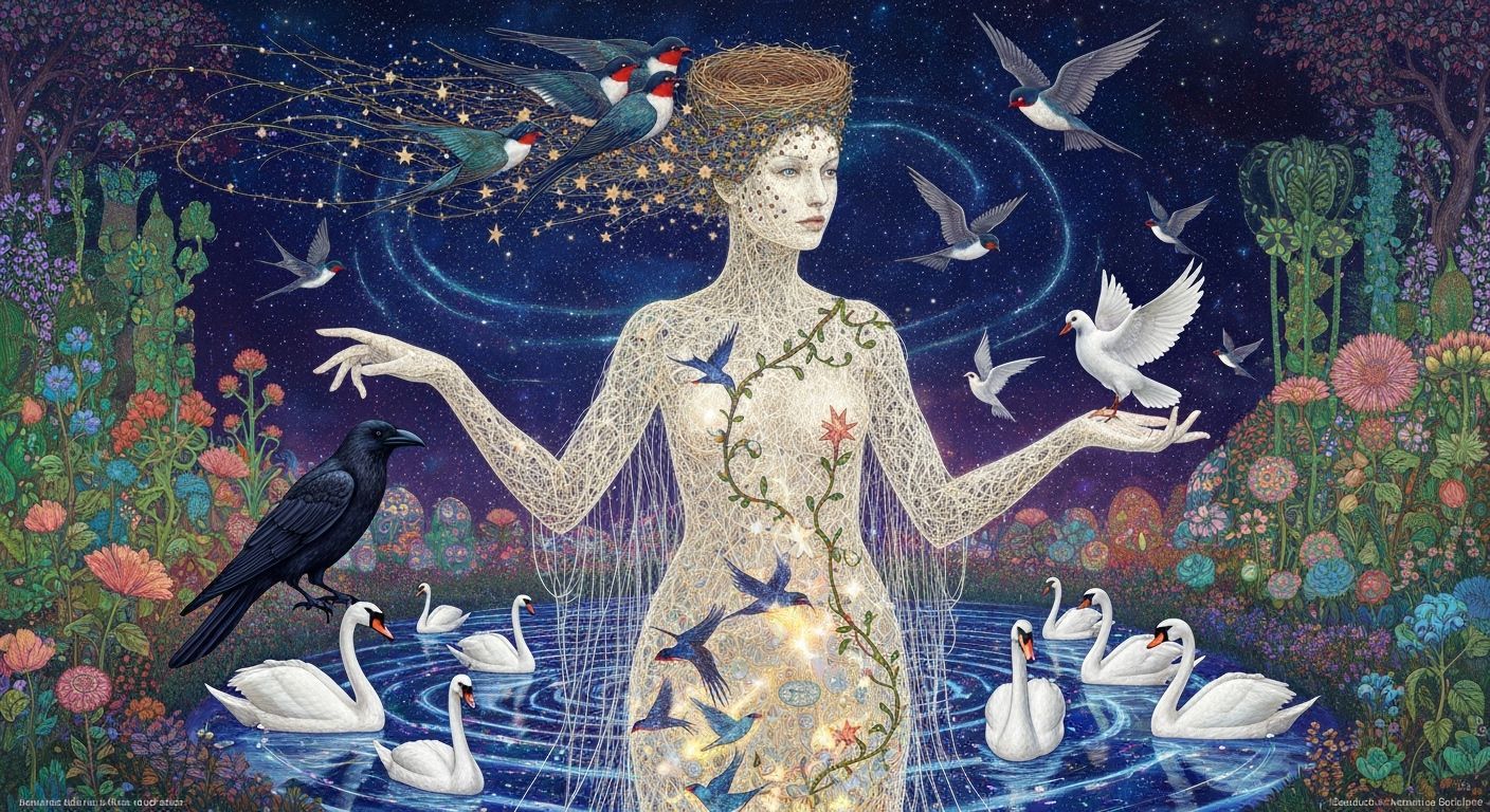 Ethereal Woman Dissolving Into Birds Amidst Cosmic Energy