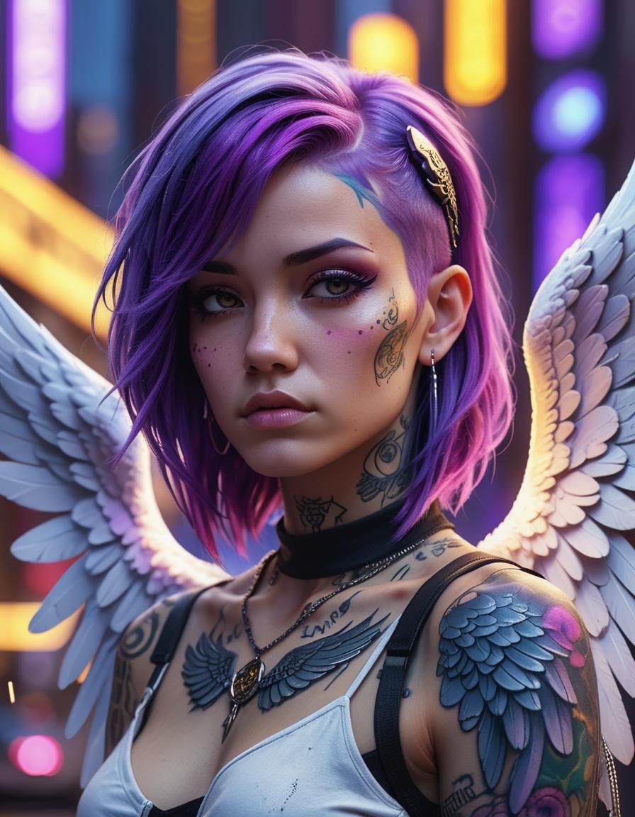 Cyberpunk Angel with Purple Hair in 3D Art