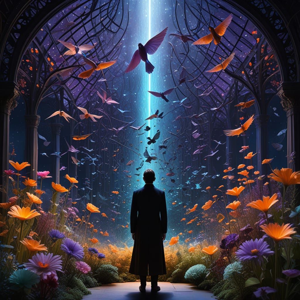 Ethereal Conductor Transforms into Musical Notes and Birds