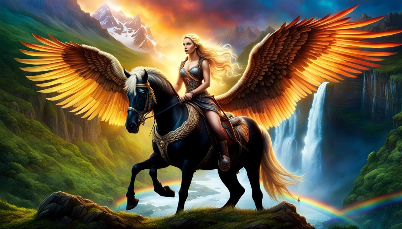 Goddess Rides Pegasus Through Rainbow Waterfalls