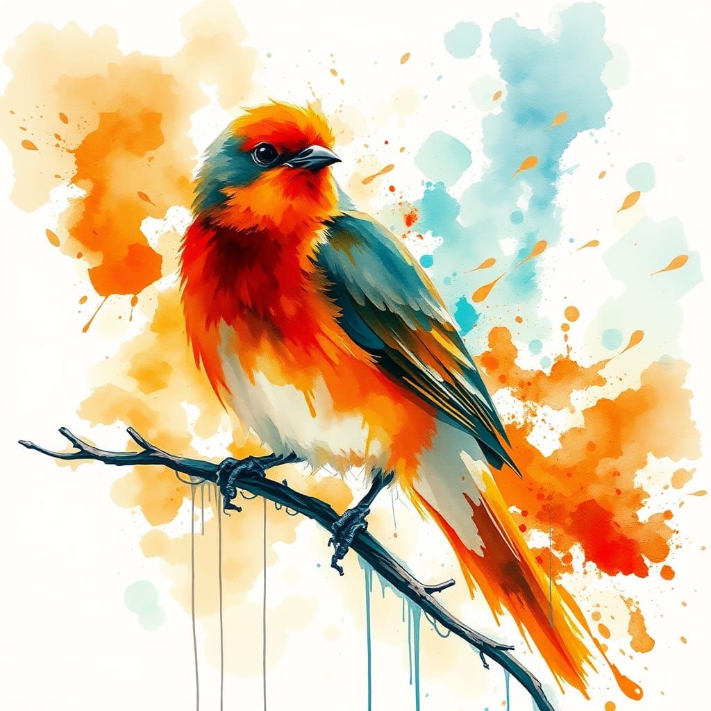 Watercolor Bird with Ink Splashes and Brush Strokes